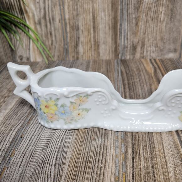 Vintage Spoon Holder, Buffet Silverware Holder, White Double Handle, Floral - Picture 2 of 6